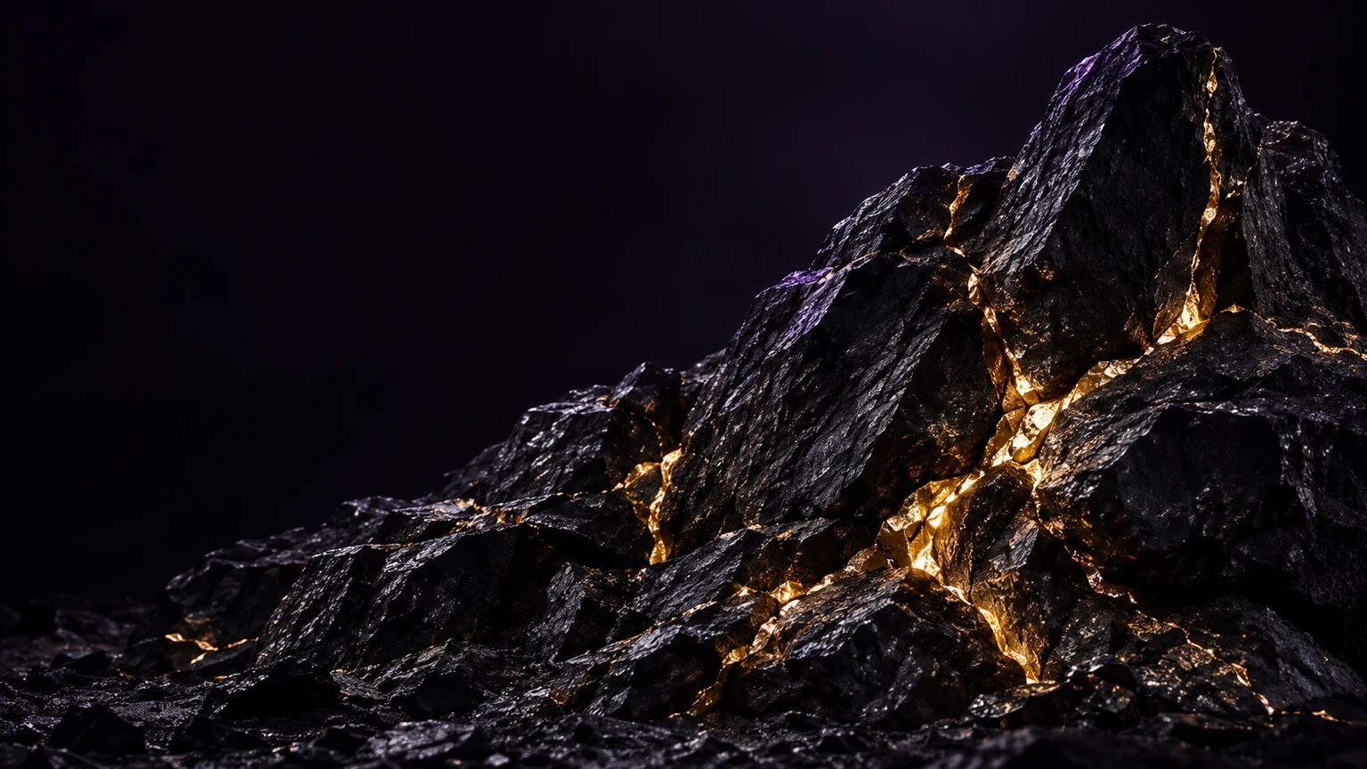 Rocha escura com veios de ouro iluminados, integrada a um fundo grafite profundo.
